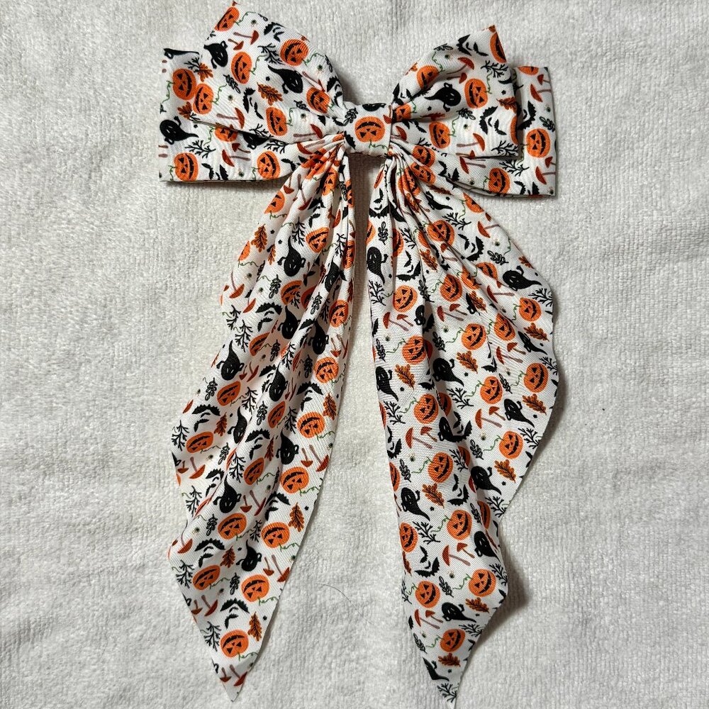 White with Orange Pumpkins Black Ghosts & Mushrooms Fabric Hair Bow